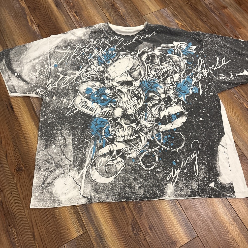 Vintage Miami Ink Tattoo T Shirt Mens XXL White Black Skull Distressed Y2K Faded